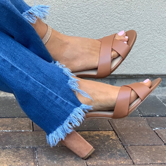 Cognac Ankle Strap Block Heel Leather Sandals - Picture 4 of 8